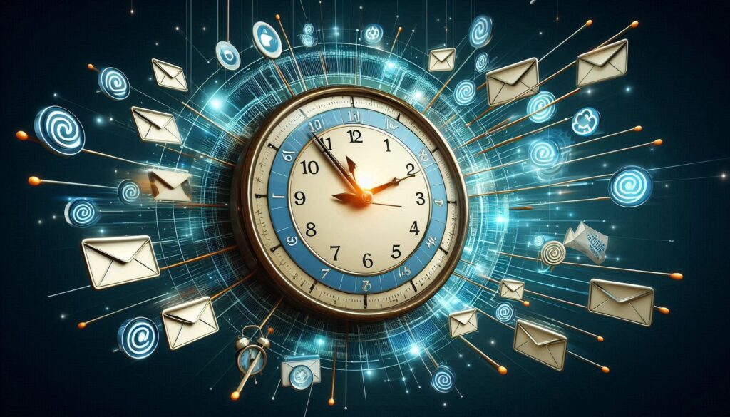 An image of a calendar or clock with email icons flying around, representing the concept of timing in email marketing. The visual should convey the importance of strategic timing in sending email campaigns.