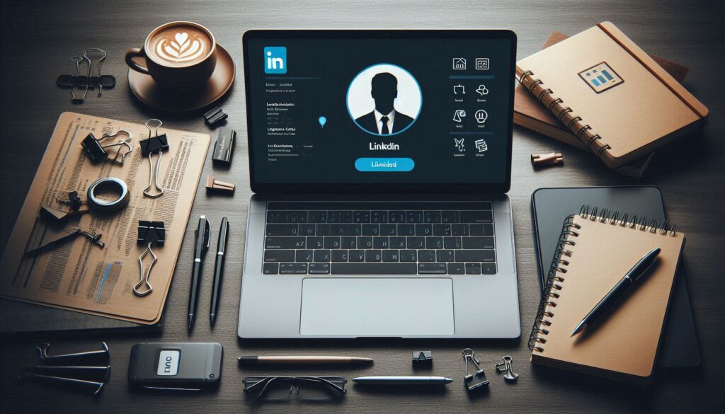 An image showcasing a professional workspace with a laptop displaying a LinkedIn profile, alongside tools for productivity like a notebook, pen, and coffee cup, symbolizing focus on LinkedIn presence.