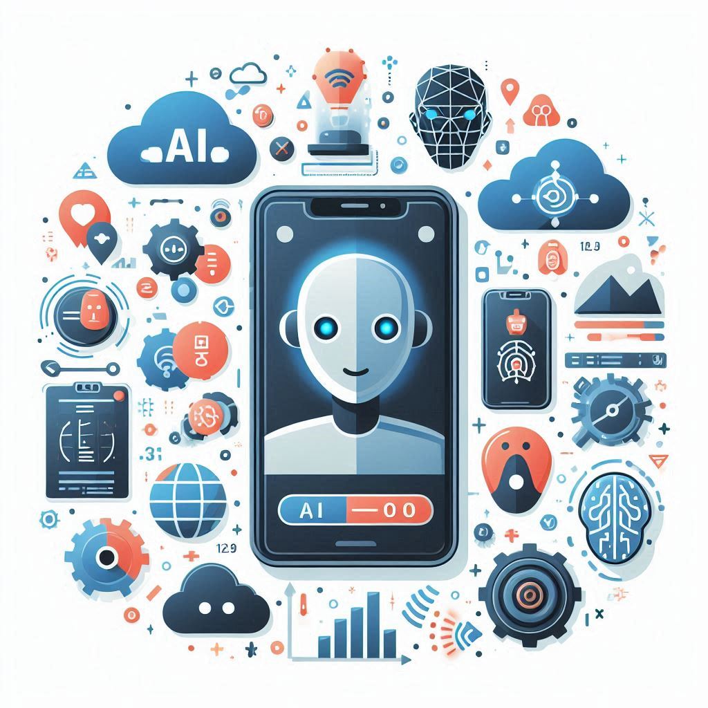 An illustration of a smartphone surrounded by AI-related icons.