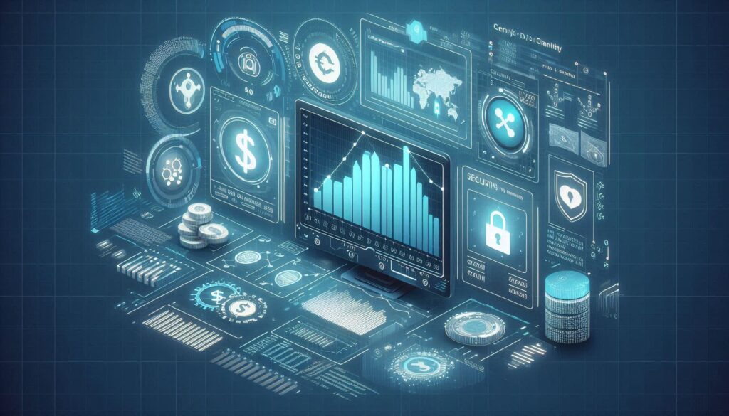 A modern, clean illustration featuring a digital dashboard displaying financial data (graphs, currency symbols) alongside code snippets and secure lock icons.